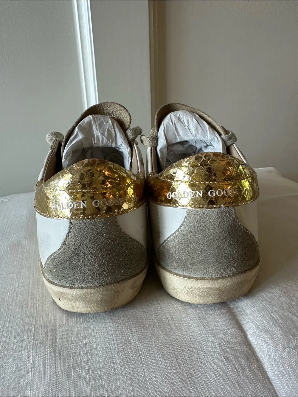 Golden Goose White Sneakers with Gold Heel Detail and Beige Gray Suede